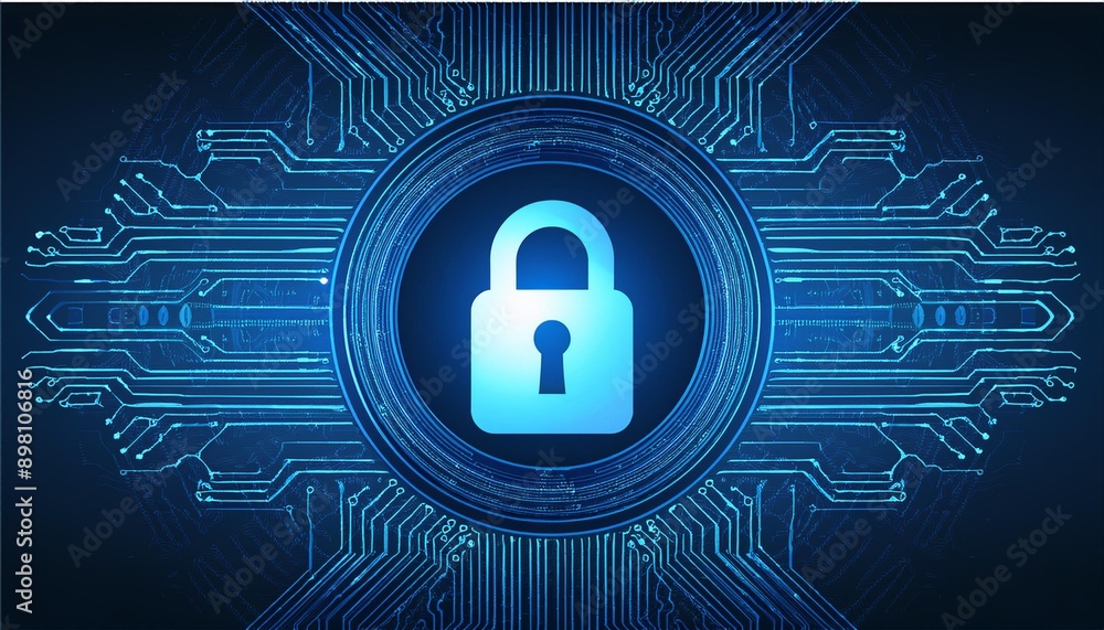 Poster a digital padlock symbolizing cybersecurity and data protection with a blue circuit background.
