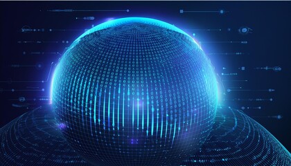 Futuristic digital sphere with glowing lines and dots, embodying technology and data visualization in a striking blue hue.