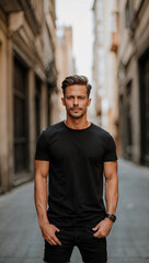 Muscular young man street portrait in black t-shirt, healthy fit gentleman walking