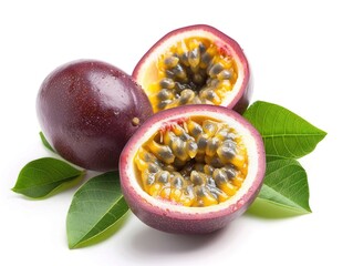 Pomegranate and grapefruit in close up view, with vibrant purple skin, green leaves, and juicy seeds, symbolizing healthy eating and fresh produce.