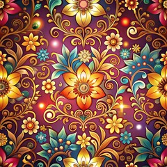 Floral Pattern with Golden Vines and Flowers.