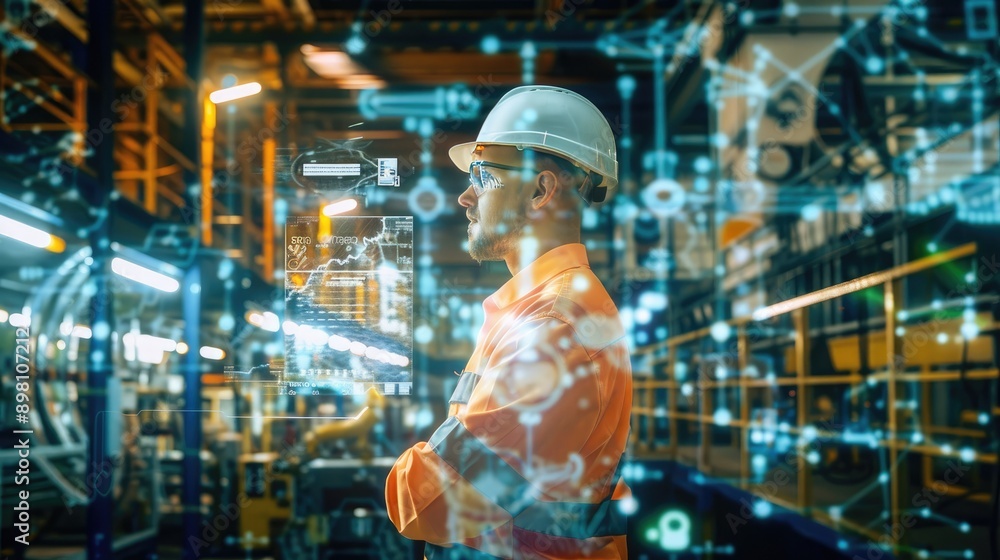 Poster double exposure of an engineer in a factory setting, interacting with a holographic projection, show