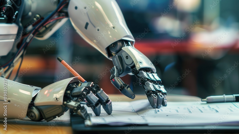 Fototapete a robotic arm writes on a document with a pen. generative ai