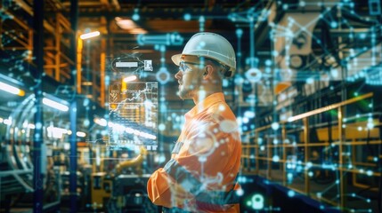 Double exposure of an engineer in a factory setting, interacting with a holographic projection, showcasing the integration of industry and digital innovation with this inviting photo.