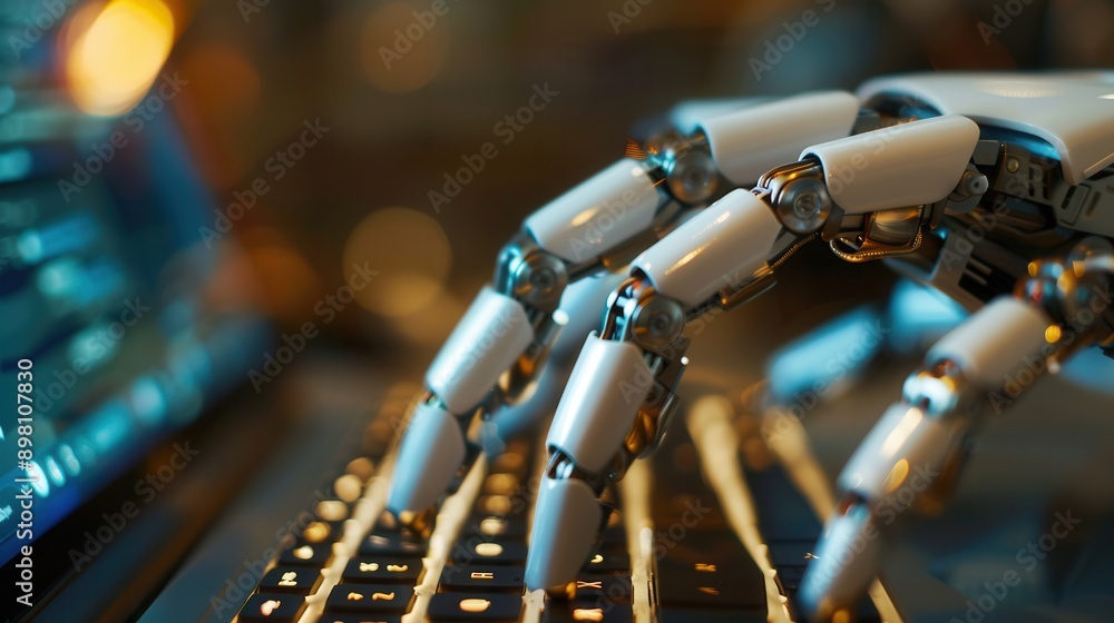 Fototapete a robotic hand with articulated joints types on a keyboard, demonstrating the potential of artificia