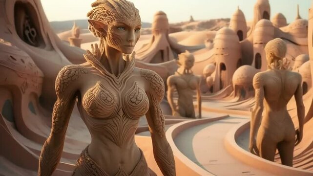 The creatures of Sand City, an undiscovered race of humanoids with a crumbly, mobile body structure.