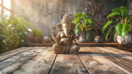 Empty wooden table with a statue of Ganesha in the background, perfect for spiritual and festive themes