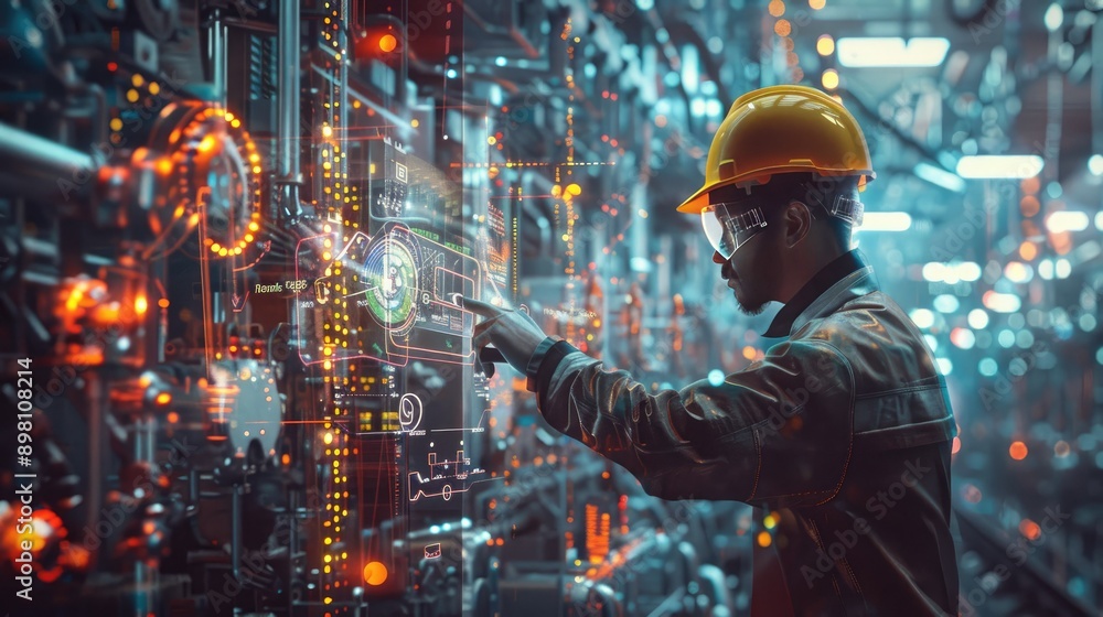 Poster engineer pointing to a hologram in a double exposure shot, merging industrial activity with advanced