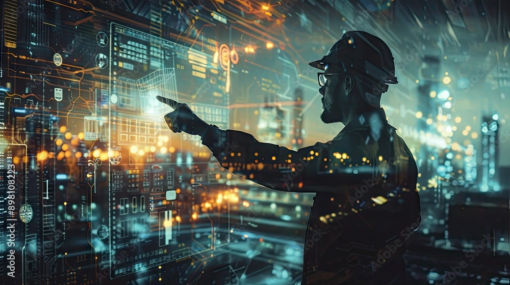 Poster engineer pointing to a hologram in a double exposure image, merging industrial work with the latest 