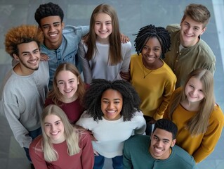 Obraz premium A diverse group of young adults posing together for a class picture. They represent a mix of backgrounds and are enjoying their time at college.