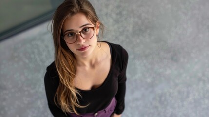 Naklejka premium Female with medium length brown hair and round-rimmed glasses smiling at camera.