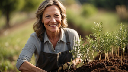 Tree planting in a garden by middle aged woman, outdoor plant and flowers gardening in daytime