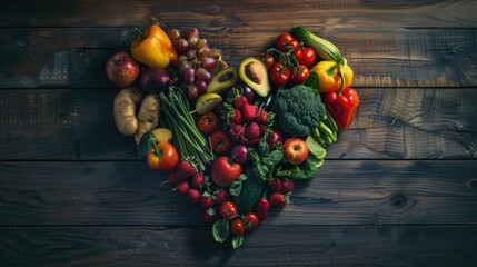 Colorful assortment of fruits and vegetables arranged in the shape of a heart, emphasizing the health benefits.