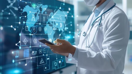 Obraz premium digital healthcare hub where doctors use telemedicine and AI diagnostics to provide remote consultations and treatment plans