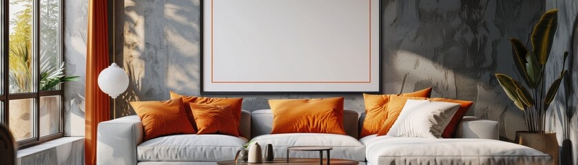Modern Living Room with Orange Accents and Large Window Allowing Natural Light