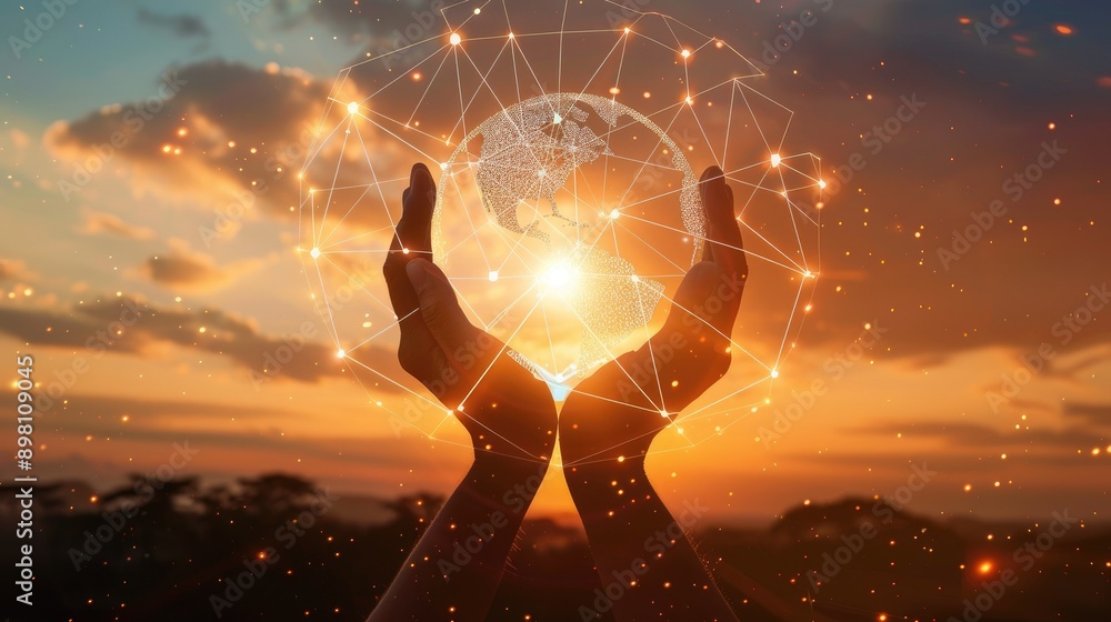 Poster global network connection and a globe in hands on sunset background, symbolizing the impact of digit