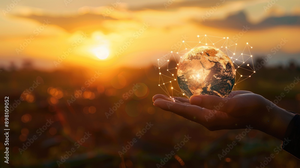 Poster global network connection and a globe in hands on sunset background, representing the seamless conne