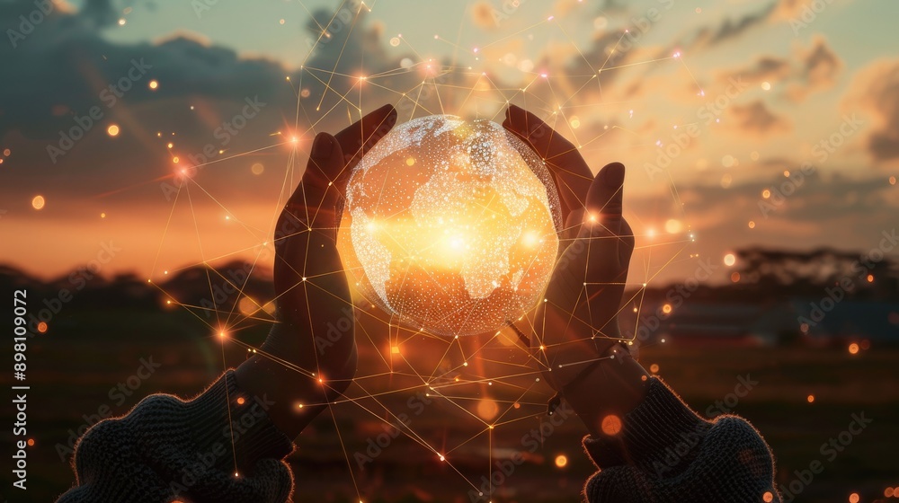 Poster global network connection and a globe in hands on sunset background, representing the unity of globa