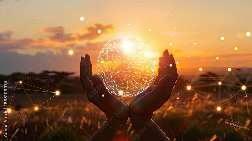 Poster global network connection and a globe in hands on sunset background, symbolizing the impact of digit
