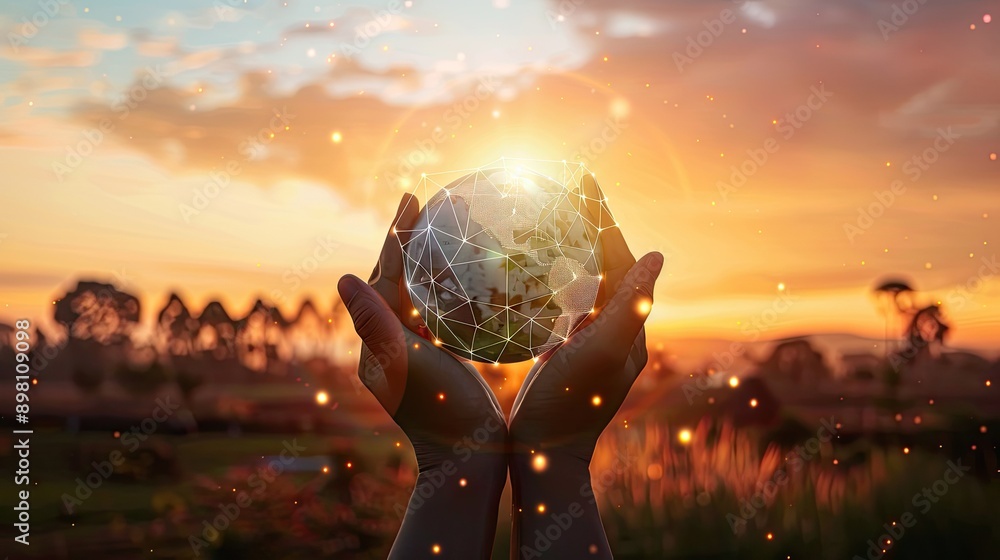 Poster global network connection and a globe in hands on sunset background, illustrating the interconnected