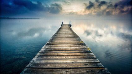 Obraz premium A lone, worn, and weathered wooden pier stretches into a misty, uncertain horizon, symbolizing uncertainty and self-doubt in a desolate, eerie atmosphere.
