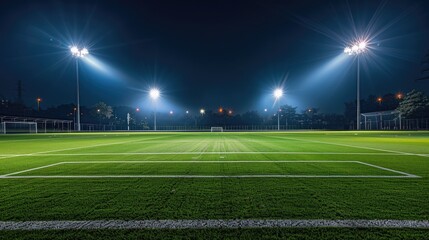 Football field under the dazzling stadium lights, capturing the magic of a night match with this inviting photo.