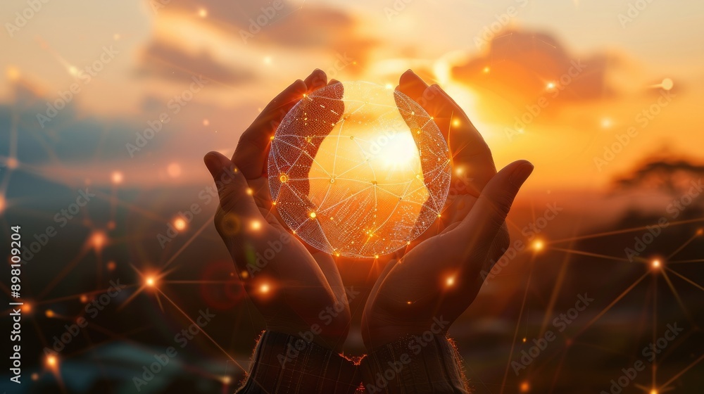 Poster global network connection and a globe in hands on sunset background, representing the seamless flow 