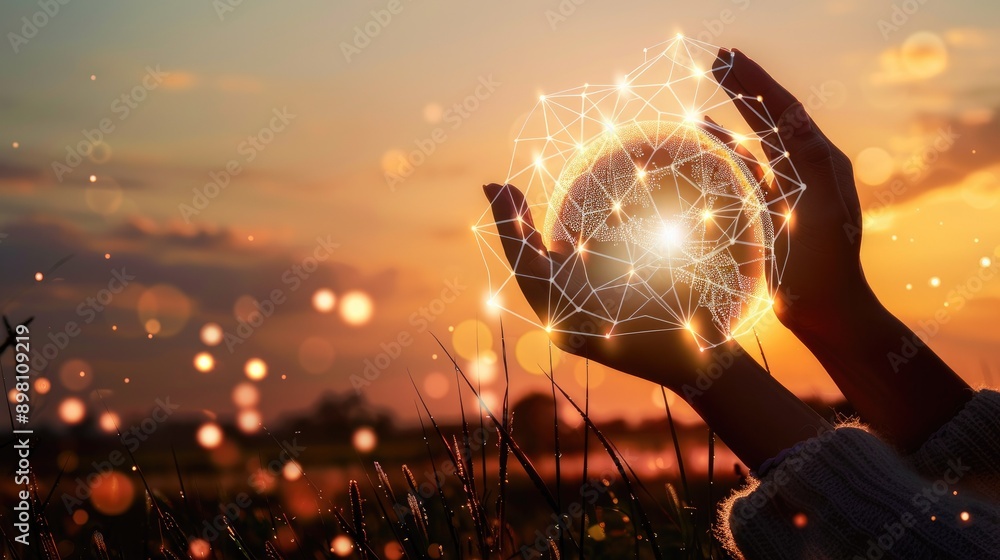 Poster global network connection and a globe in hands on sunset background, symbolizing global collaboratio