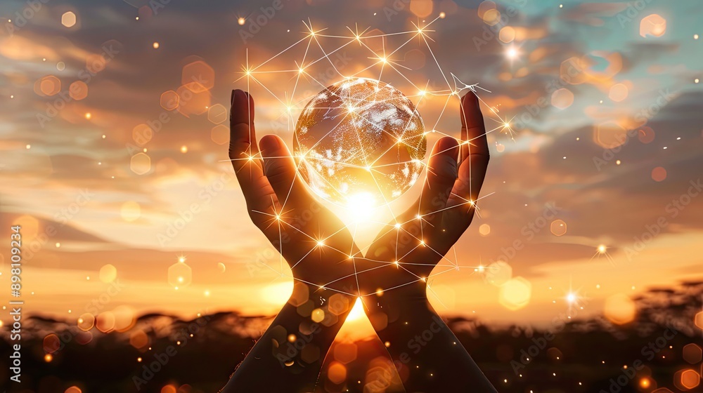 Poster global network connection and a globe in hands on sunset background, symbolizing the merging of cult