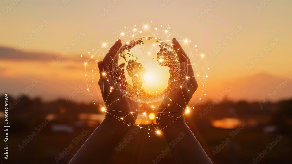 Poster global network connection and a globe in hands on sunset background, representing the interconnected