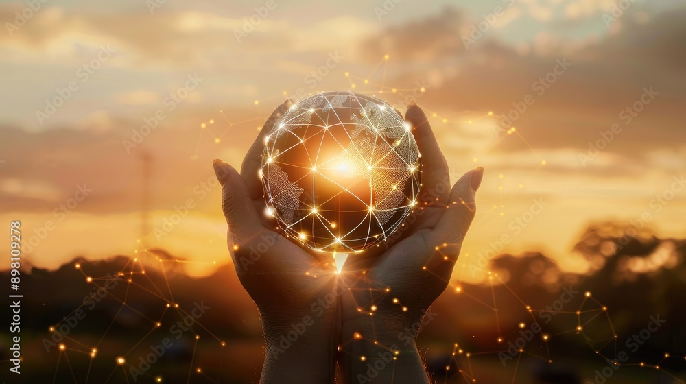 Poster global network connection and a globe in hands on sunset background, showcasing the strength of glob