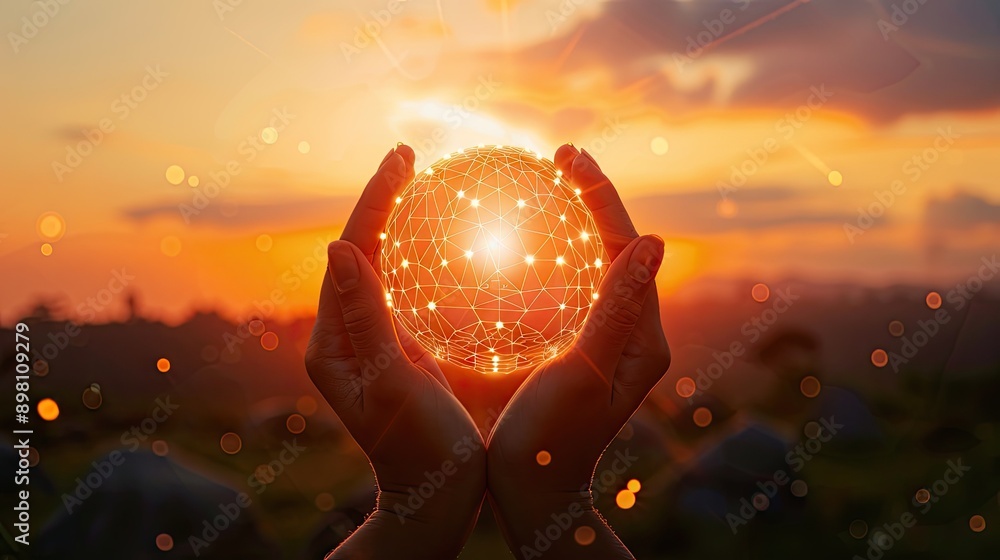 Poster global network connection and a globe in hands on sunset background, symbolizing unity and technolog