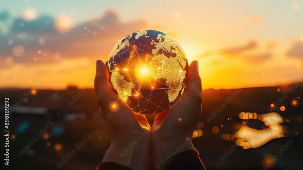 Poster global network connection and a globe in hands on sunset background, symbolizing global progress and