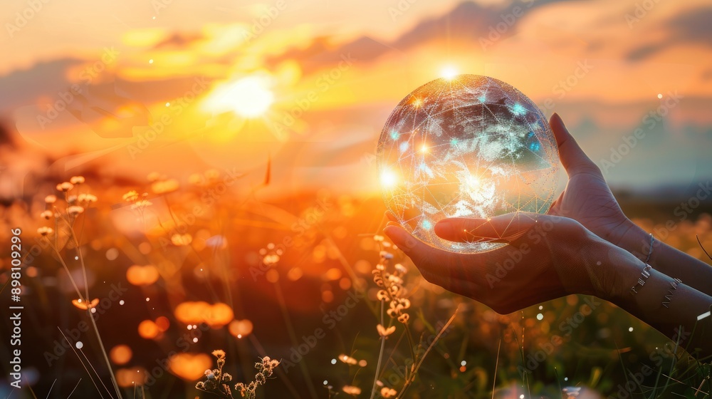 Poster global network connection and a globe in hands on sunset background, symbolizing the merging of glob