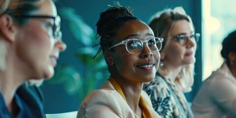 Obraz premium Successful businesswomen engaged in discussion, confident expressions and camaraderie.