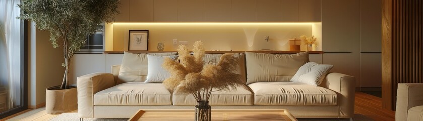 Cozy Modern Living Room with Neutral Tones and Elegant Decor Featuring a Comfortable Sofa and Warm Lighting