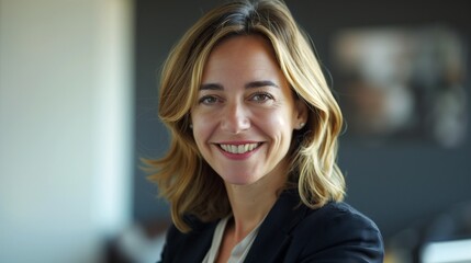 portrait of a woman, portrait of a smiling business woman, close up, office background
