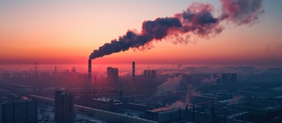 Obraz premium Industrial Cityscape at Sunset with Smoke Emissions from Factory Chimneys