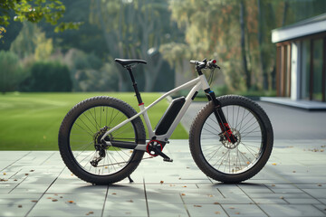 Fototapeta premium A sleek, modern electric bike with fat tires is parked on a patio with a beautiful, green landscape in the background, showcasing a blend of technology and nature.