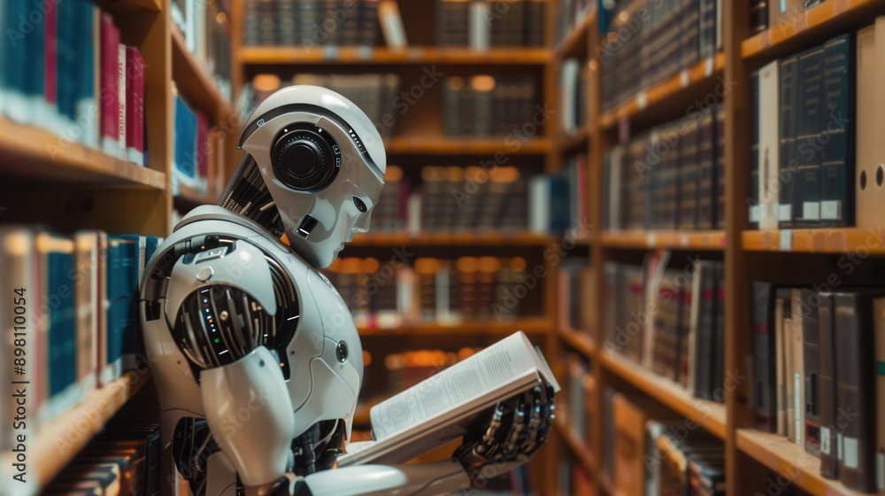 Poster an artificial intelligence robot reads a book while standing in a library with shelves full of books