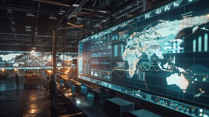 digital logistics hub where managers use large screens to coordinate global supply chains and shipping routes