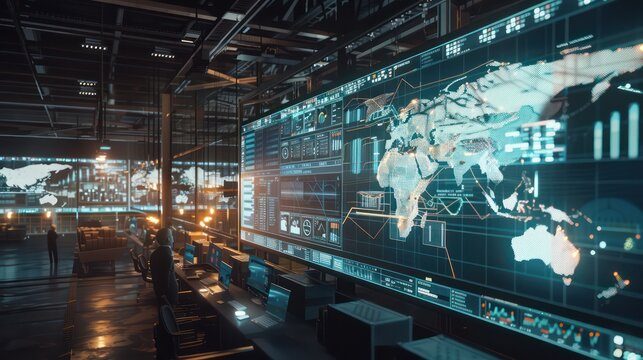 digital logistics hub where managers use large screens to coordinate global supply chains and shipping routes
