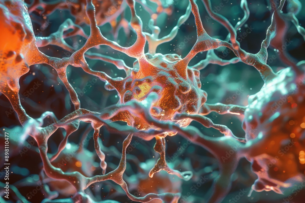 Poster microscopic view of neuron synapses in vivid colors.