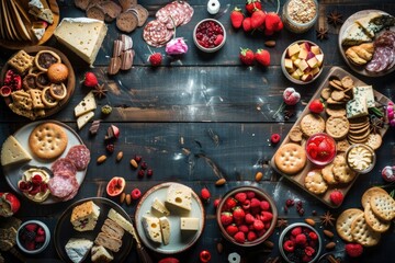 Close-up of an assortment of delicious snack foods, including cheeses, baked goods, sweets, dried fruits, and other savory treats. Ideal for picnics or appetizers.