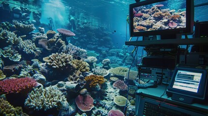 digital marine biology lab where researchers monitor ocean life and coral reefs through remote sensors and live underwater cameras