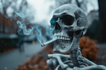Human skeleton smoking a cigarette, urban life and health awareness concept .Generative ai