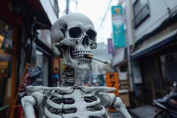 Fototapeta premium Human skeleton smoking a cigarette, urban life and health awareness concept .Generative ai