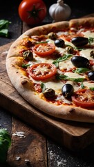 Freshly made pizza on wooden board, ingredients scattered, delicious and rustic. High contrast