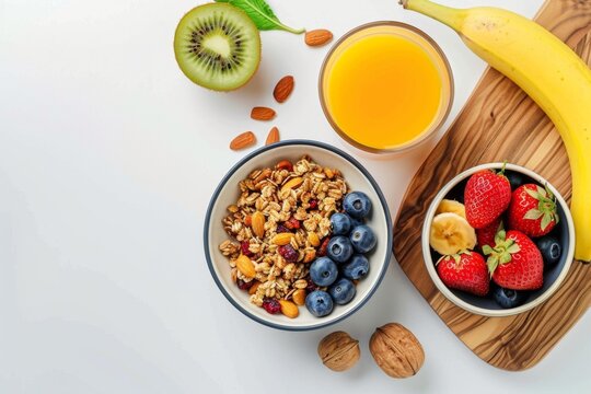 Healthy breakfast with fresh fruits, granola, and juice on a white background. Vibrant colors and clean style. Ideal for promoting a wholesome lifestyle and nutritious diet. Generative AI