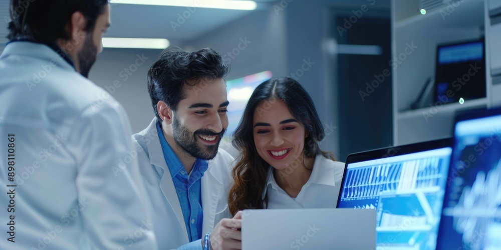 Poster three scientists in white coats looking at digital display in the lab.
